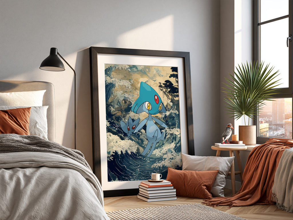 Poster wall decor featuring Azelf Pokémon with blue tones and dynamic wave background