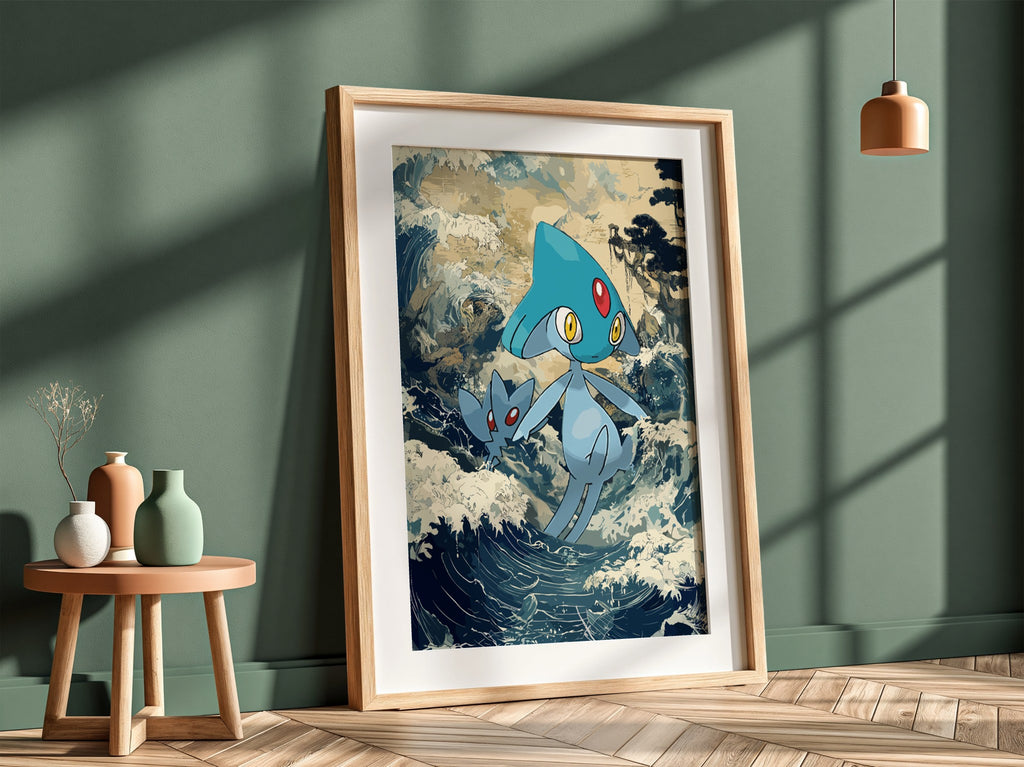 Poster wall decor featuring Azelf Pokémon with blue tones and dynamic wave background
