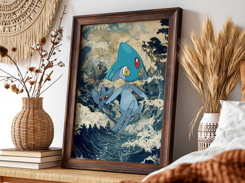 Poster wall decor featuring Azelf Pokémon with blue tones and dynamic wave background