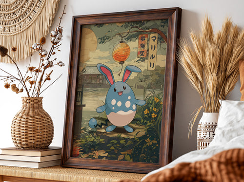 Pokemon poster featuring Azumarill in Japanese style with lantern and natural outdoor setting