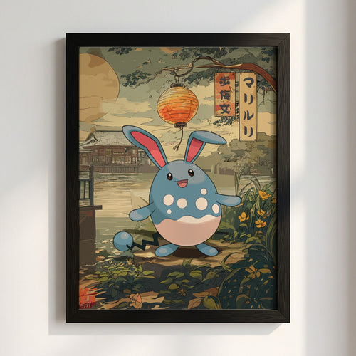Pokemon poster featuring Azumarill in Japanese style with lantern and natural outdoor setting