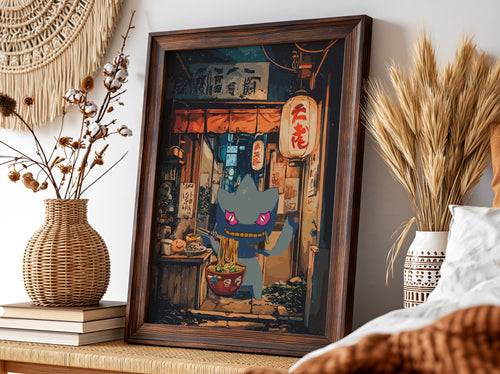 Poster of Banette character eating ramen in warm lit Japanese street scene with orange and blue tones