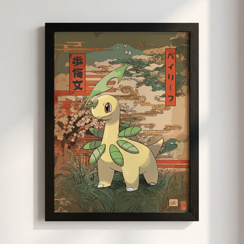 Pokemon poster featuring Bayleef in vintage Japanese style with earthy green and brown tones