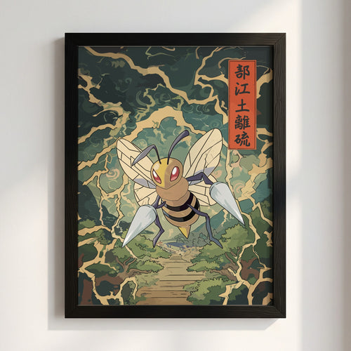 Pokemon poster of Beedrill with dark green and beige Japanese style design and lightning patterns