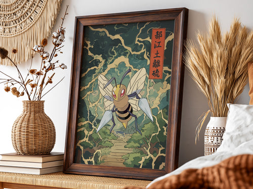Pokemon poster of Beedrill with dark green and beige Japanese style design and lightning patterns