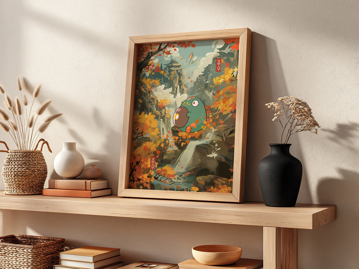 Bellibolt fantasy poster with green creature holding orb, autumn foliage, waterfall, and warm earthy colors