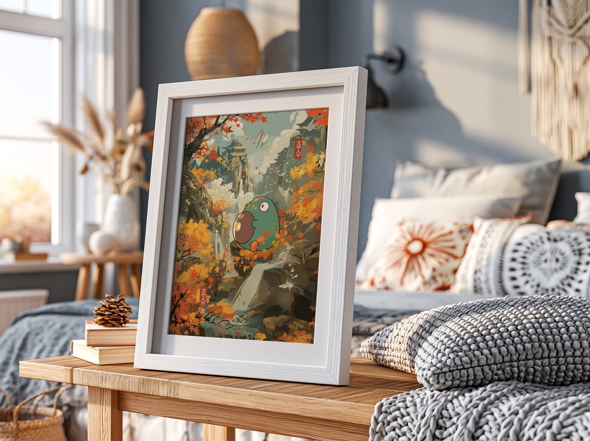 Bellibolt fantasy poster with green creature holding orb, autumn foliage, waterfall, and warm earthy colors