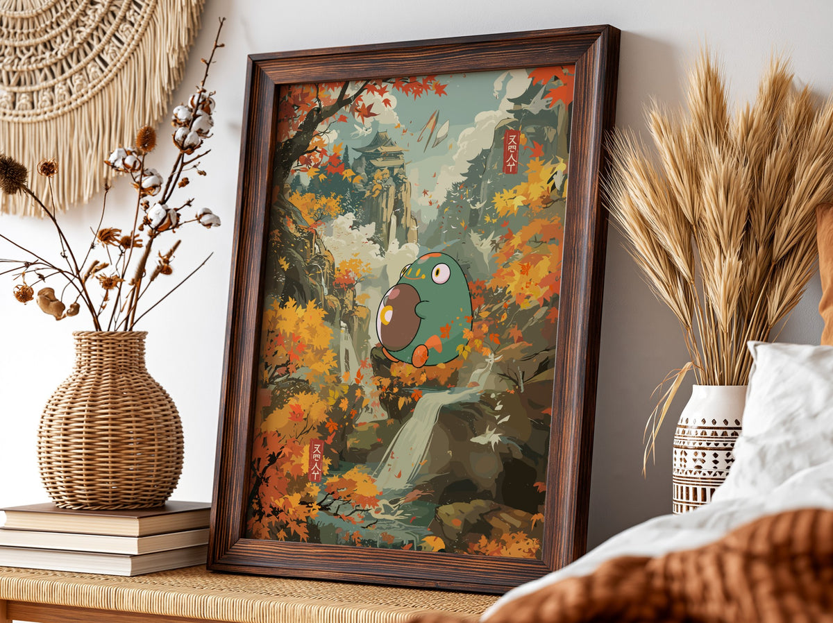 Bellibolt fantasy poster with green creature holding orb, autumn foliage, waterfall, and warm earthy colors