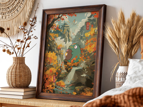 Bellibolt fantasy poster with green creature holding orb, autumn foliage, waterfall, and warm earthy colors