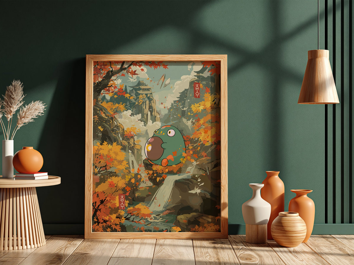 Bellibolt fantasy poster with green creature holding orb, autumn foliage, waterfall, and warm earthy colors