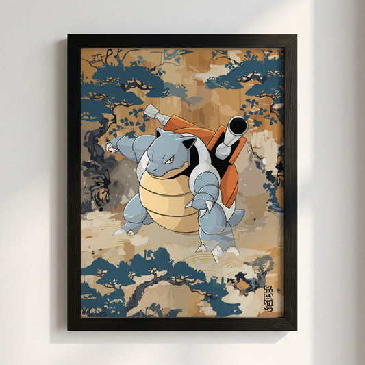 Poster featuring Blastoise anime illustration with earthy background and blue stylized trees