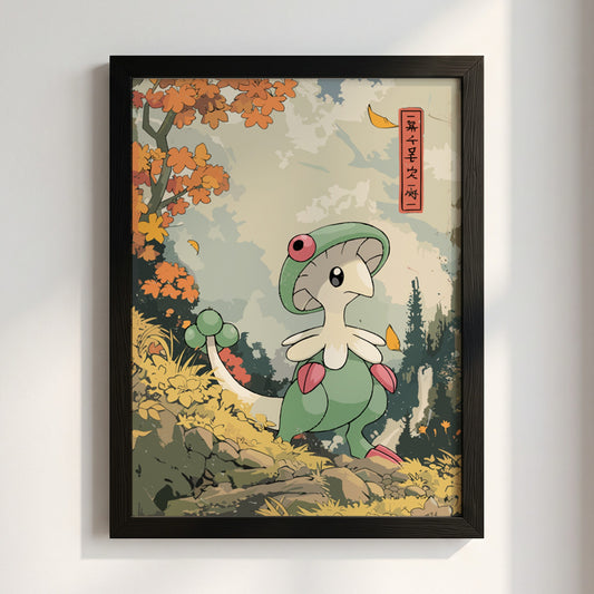 Poster of Breloom character in soft green and orange autumn forest illustration style