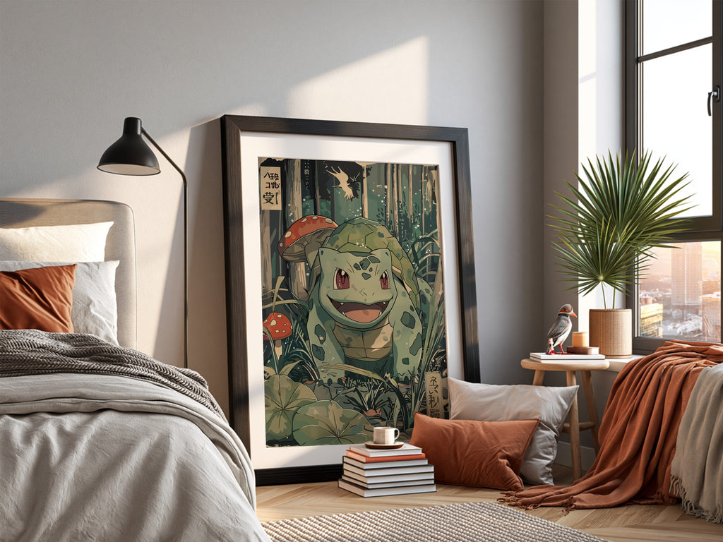 Bulbasaur illustration poster in vintage style with green forest, mushrooms, and foliage