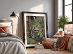 Bulbasaur illustration poster in vintage style with green forest, mushrooms, and foliage