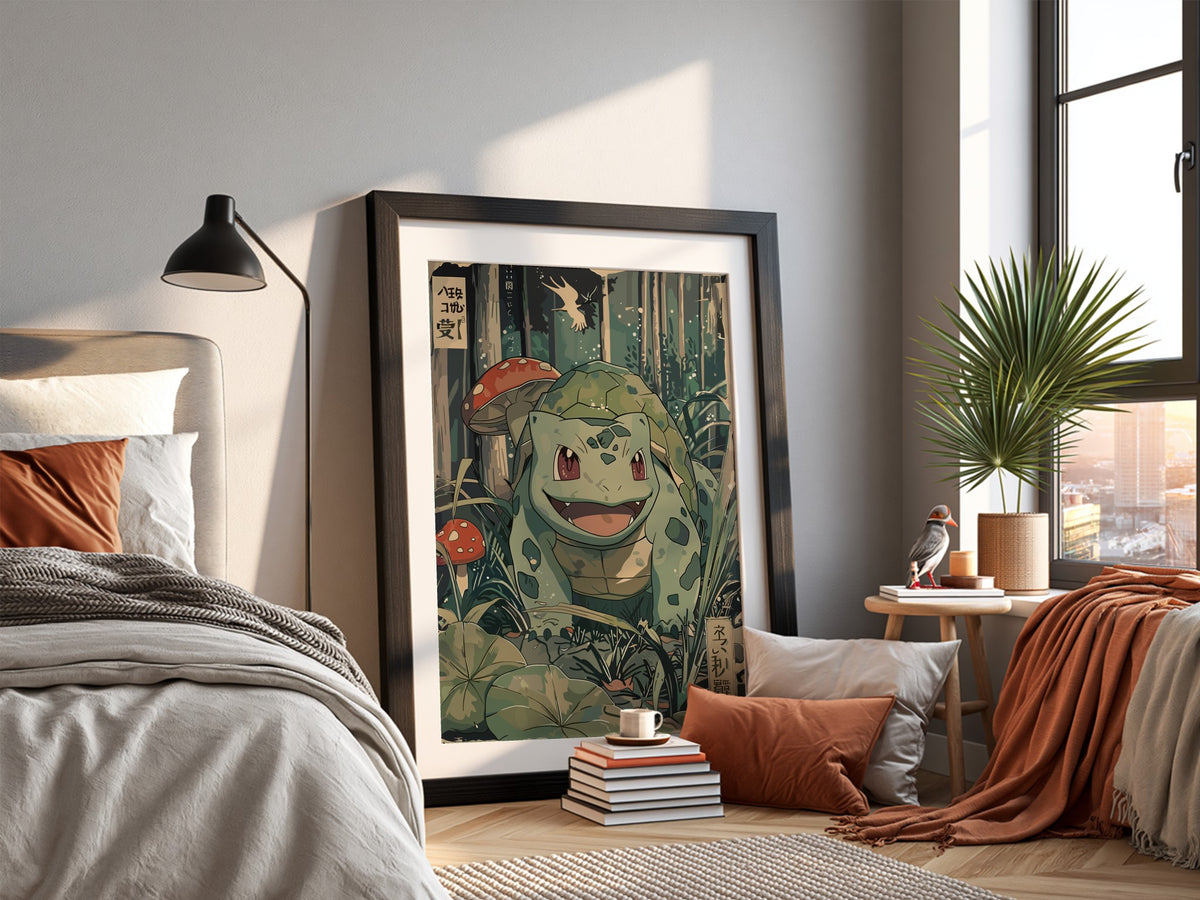 Bulbasaur illustration poster in vintage style with green forest, mushrooms, and foliage
