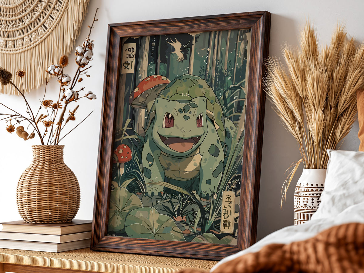 Bulbasaur illustration poster in vintage style with green forest, mushrooms, and foliage