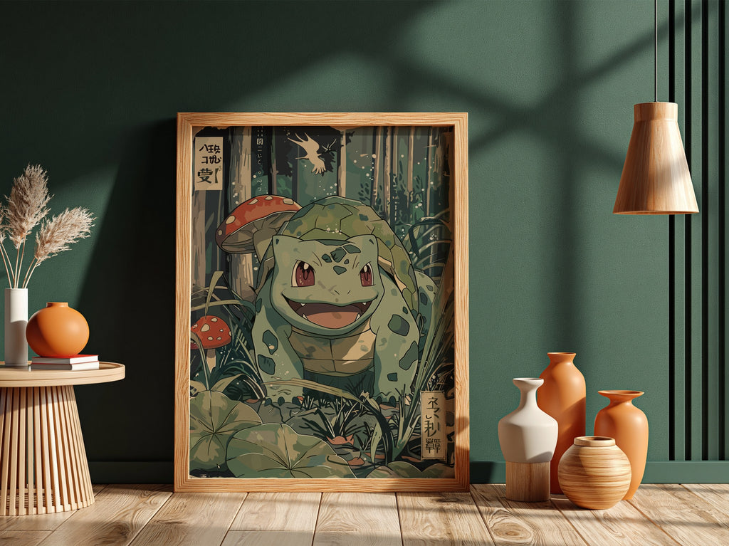 Bulbasaur illustration poster in vintage style with green forest, mushrooms, and foliage