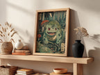 Bulbasaur illustration poster in vintage style with green forest, mushrooms, and foliage