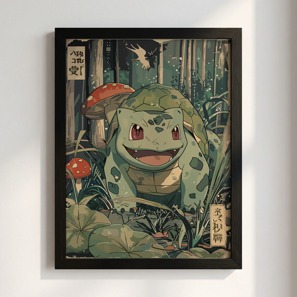 Bulbasaur illustration poster in vintage style with green forest, mushrooms, and foliage