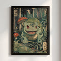 Bulbasaur illustration poster in vintage style with green forest, mushrooms, and foliage