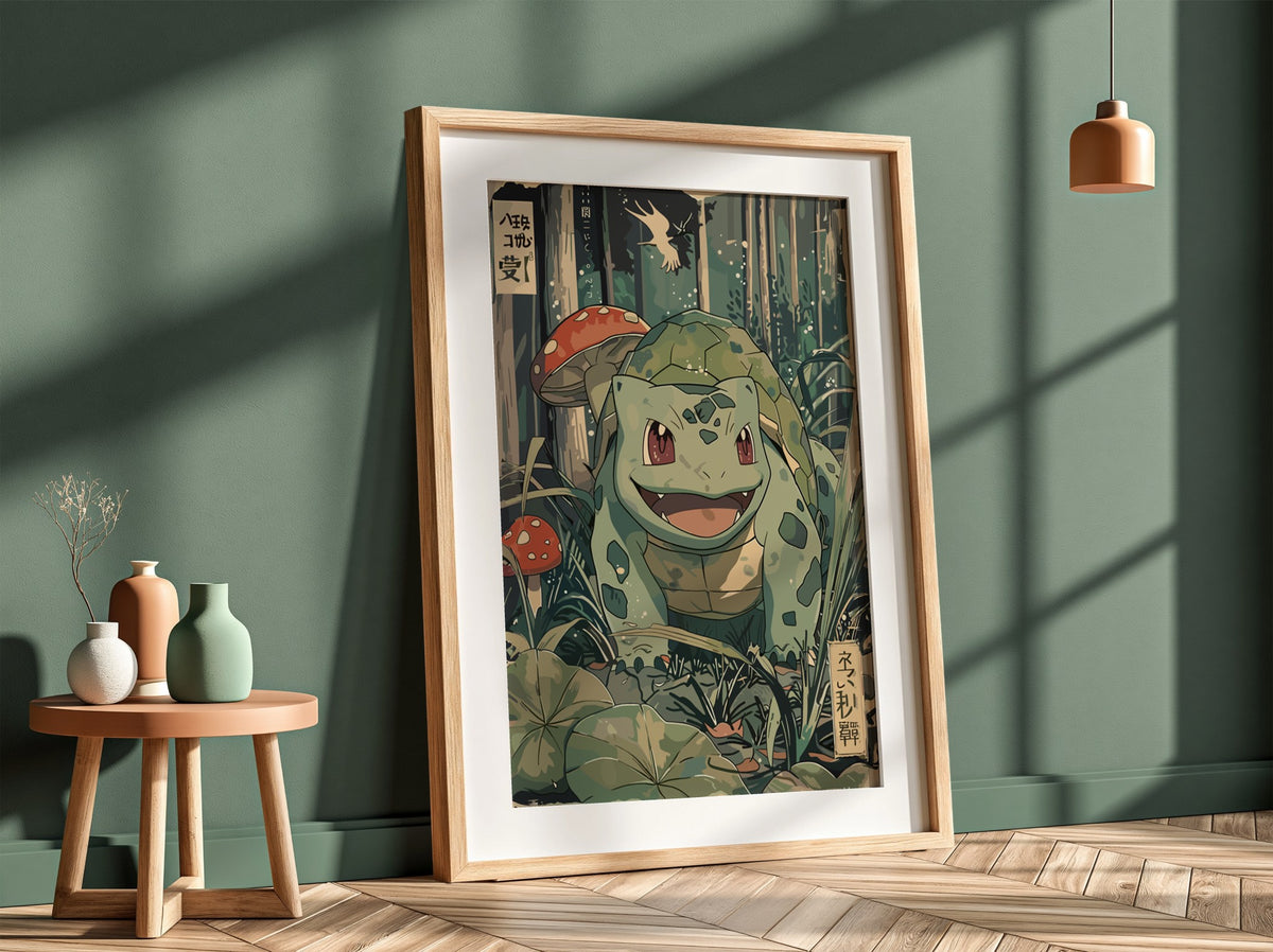 Bulbasaur illustration poster in vintage style with green forest, mushrooms, and foliage