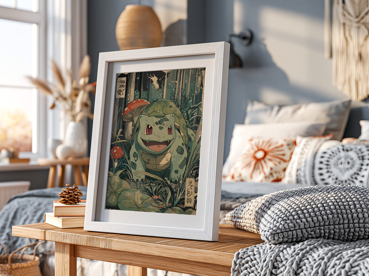 Bulbasaur illustration poster in vintage style with green forest, mushrooms, and foliage