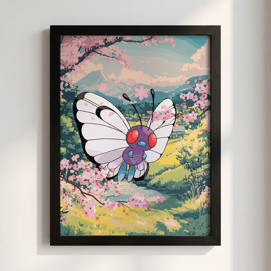 Framed Butterfree poster with cherry blossoms, pastel blues, pinks, greens, anime style illustration