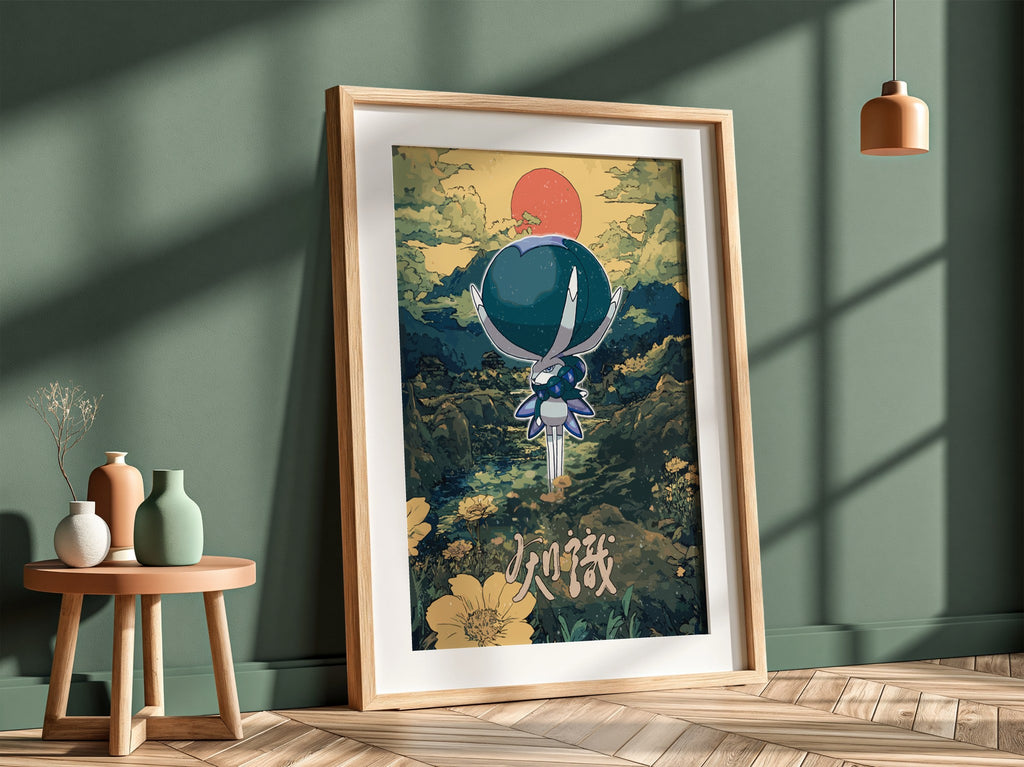 Poster of Calyrex character with blue and white tones against a fantasy landscape with red sun and yellow