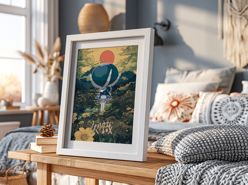 Poster of Calyrex character with blue and white tones against a fantasy landscape with red sun and yellow