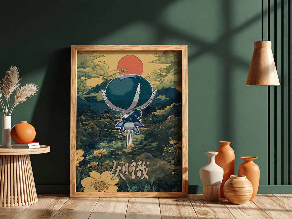 Poster of Calyrex character with blue and white tones against a fantasy landscape with red sun and yellow