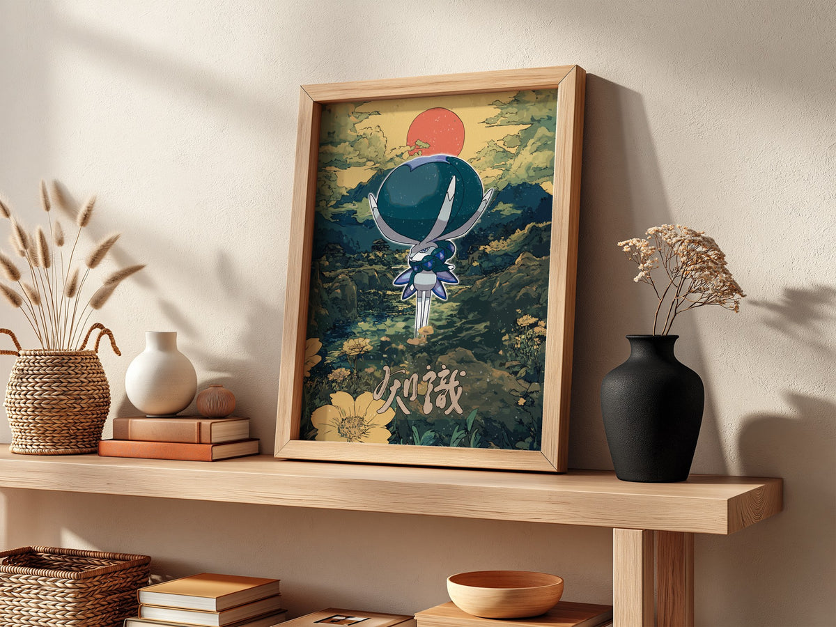 Poster of Calyrex character with blue and white tones against a fantasy landscape with red sun and yellow