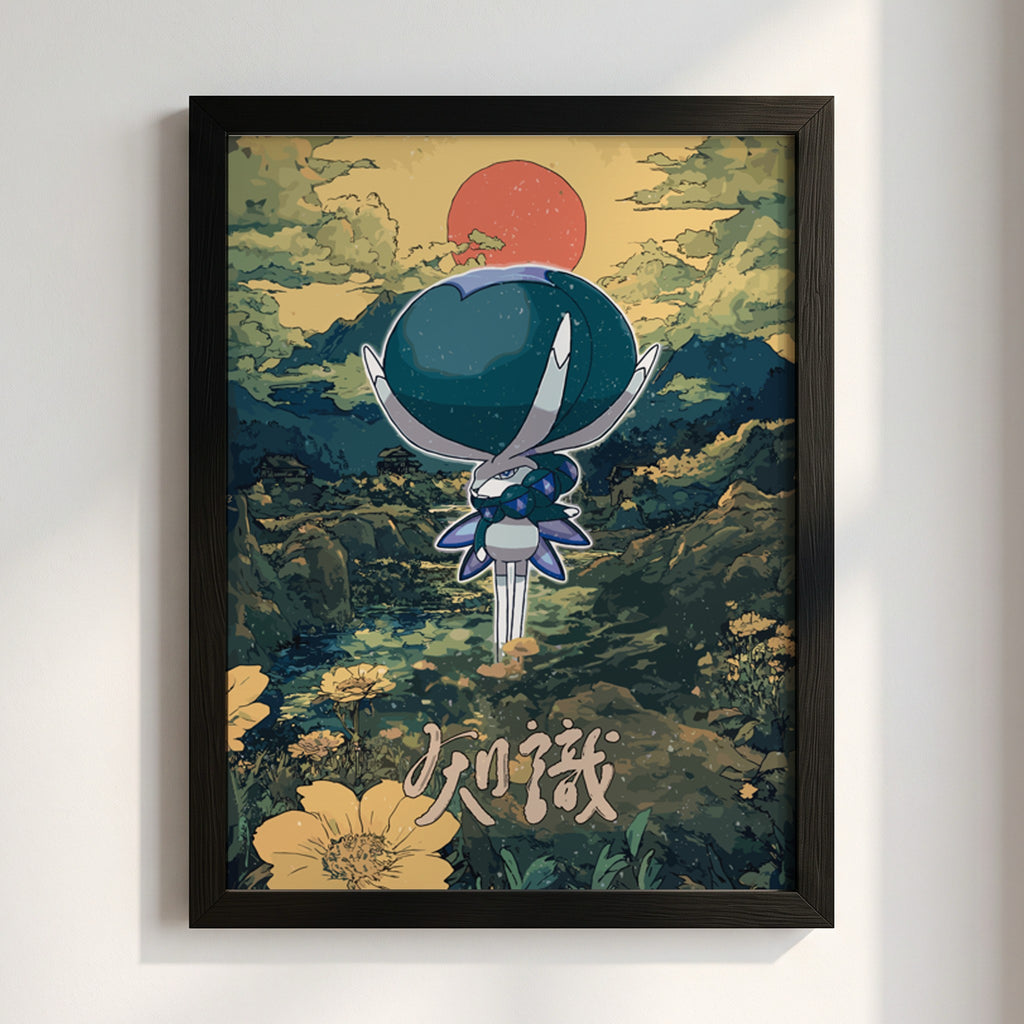 Poster of Calyrex character with blue and white tones against a fantasy landscape with red sun and yellow