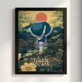 Poster of Calyrex character with blue and white tones against a fantasy landscape with red sun and yellow
