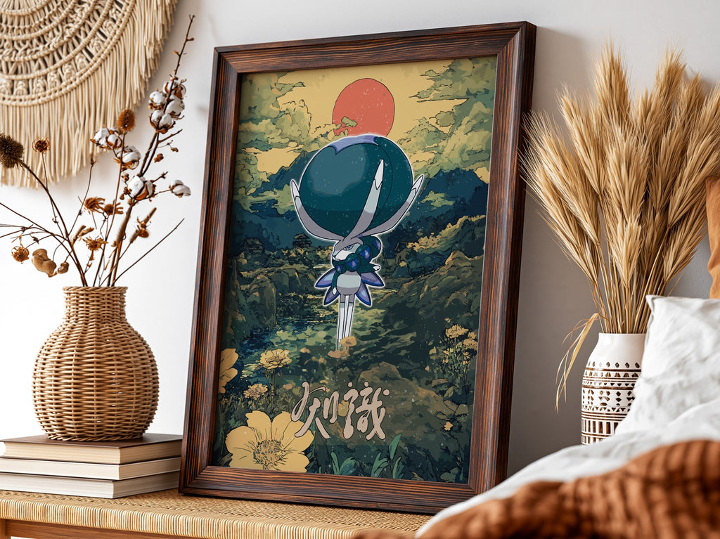 Poster of Calyrex character with blue and white tones against a fantasy landscape with red sun and yellow