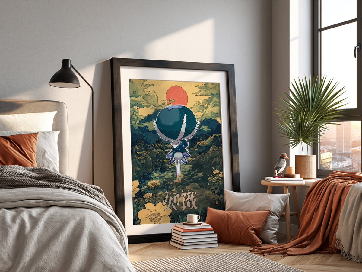 Poster of Calyrex character with blue and white tones against a fantasy landscape with red sun and yellow