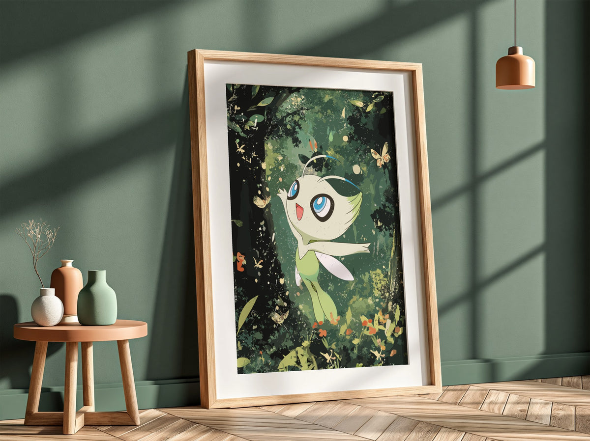 Poster of Celebi forest spirit with large blue eyes wings in lush green forest background with butterflies
