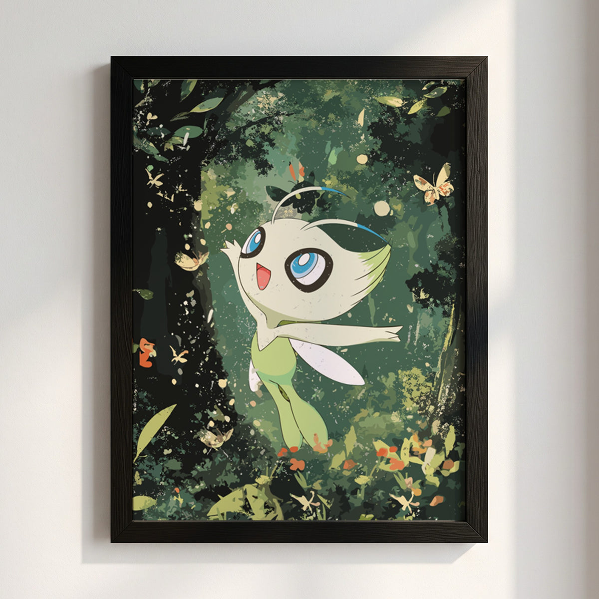 Poster of Celebi forest spirit with large blue eyes wings in lush green forest background with butterflies
