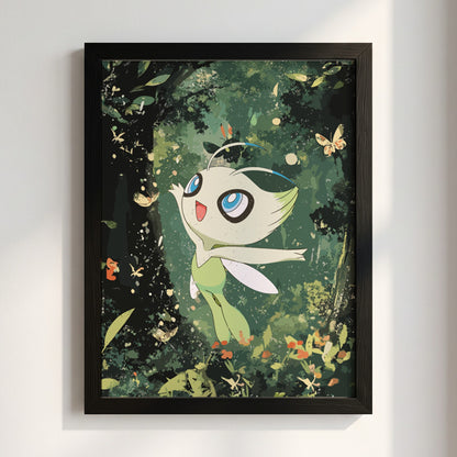 Poster of Celebi forest spirit with large blue eyes wings in lush green forest background with butterflies