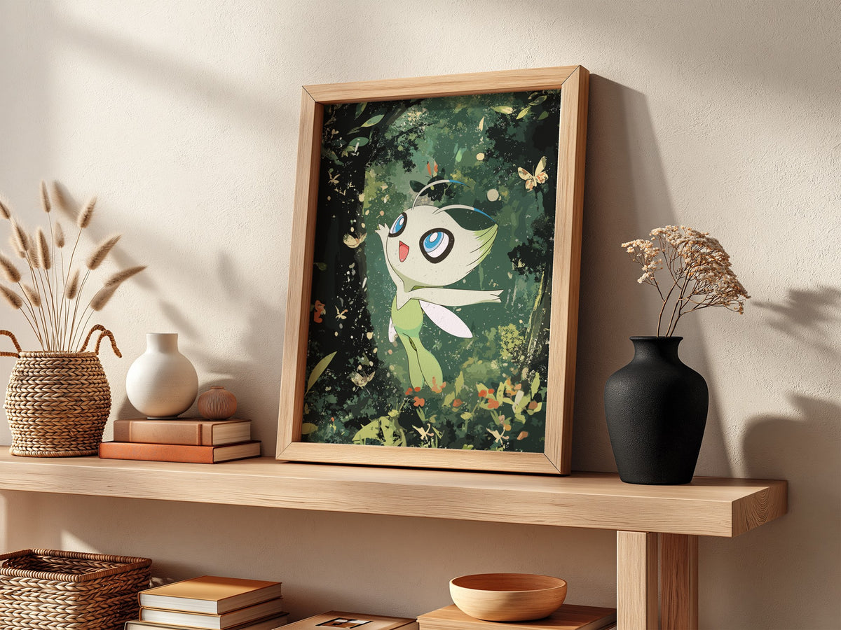 Poster of Celebi forest spirit with large blue eyes wings in lush green forest background with butterflies