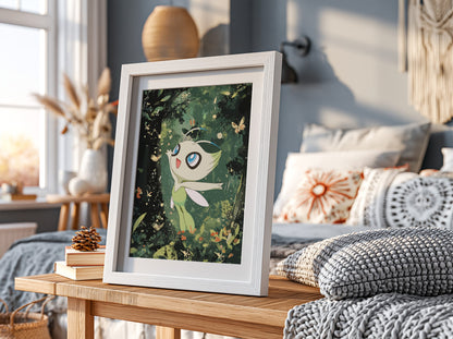 Poster of Celebi forest spirit with large blue eyes wings in lush green forest background with butterflies