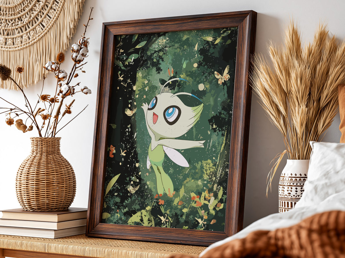 Poster of Celebi forest spirit with large blue eyes wings in lush green forest background with butterflies