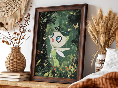 Poster of Celebi forest spirit with large blue eyes wings in lush green forest background with butterflies