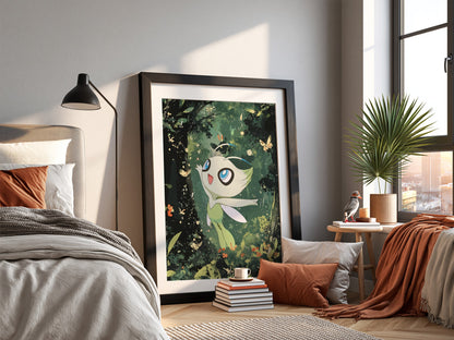 Poster of Celebi forest spirit with large blue eyes wings in lush green forest background with butterflies