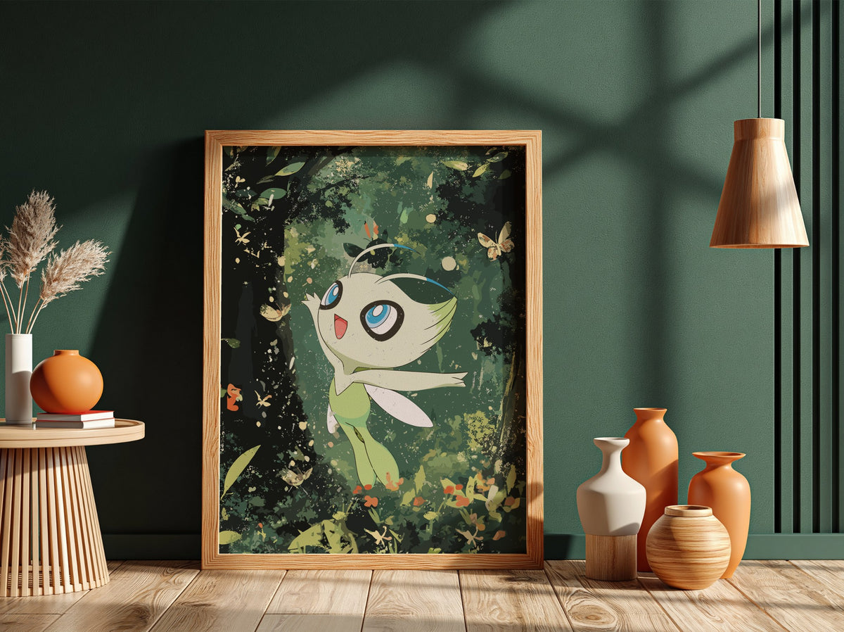 Poster of Celebi forest spirit with large blue eyes wings in lush green forest background with butterflies