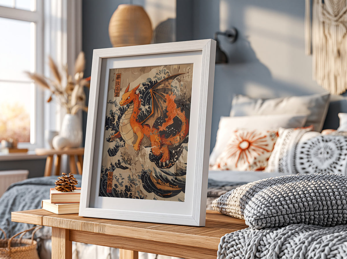 Poster featuring orange Charizard dragon with Japanese blue wave background in ukiyo-e style