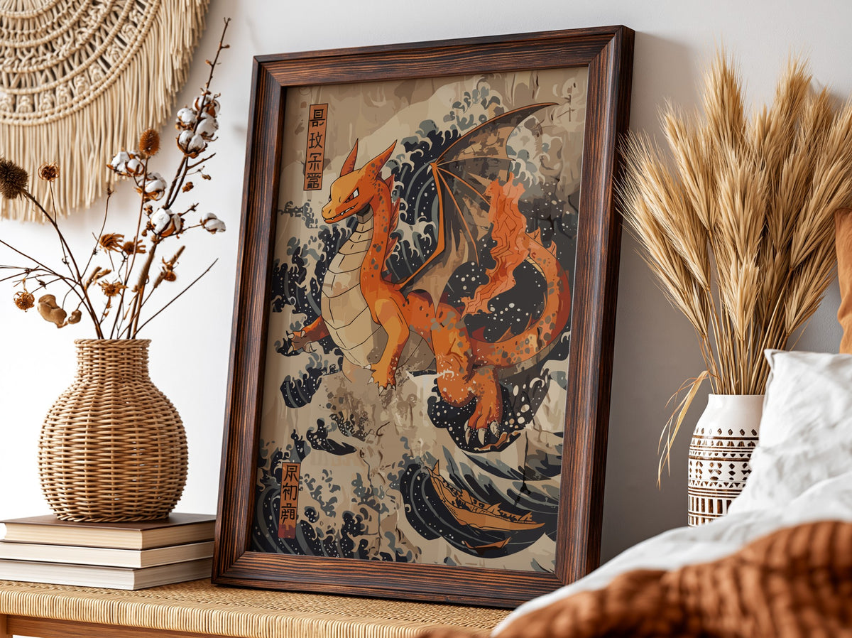 Poster featuring orange Charizard dragon with Japanese blue wave background in ukiyo-e style