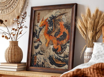 Poster featuring orange Charizard dragon with Japanese blue wave background in ukiyo-e style