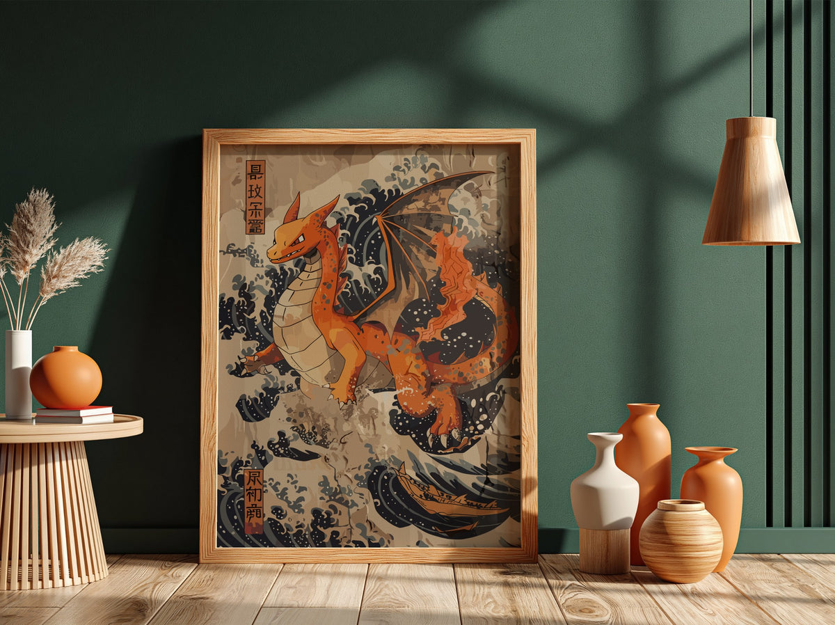 Poster featuring orange Charizard dragon with Japanese blue wave background in ukiyo-e style