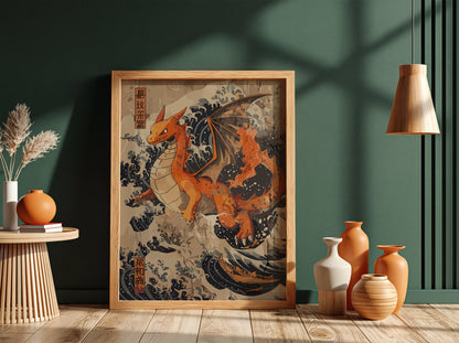 Poster featuring orange Charizard dragon with Japanese blue wave background in ukiyo-e style