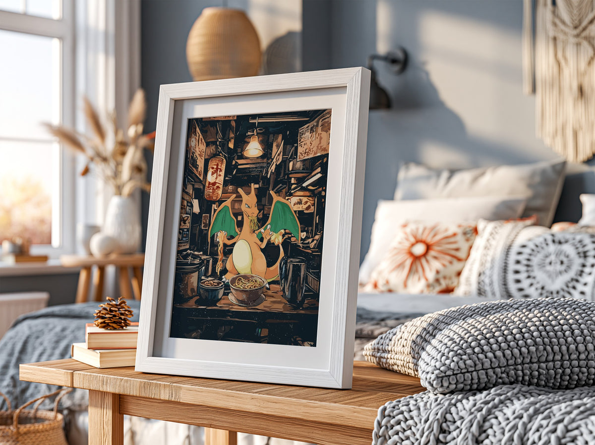 Charizard Ramen Series poster with Charizard eating ramen in neon-lit dark Japanese alley